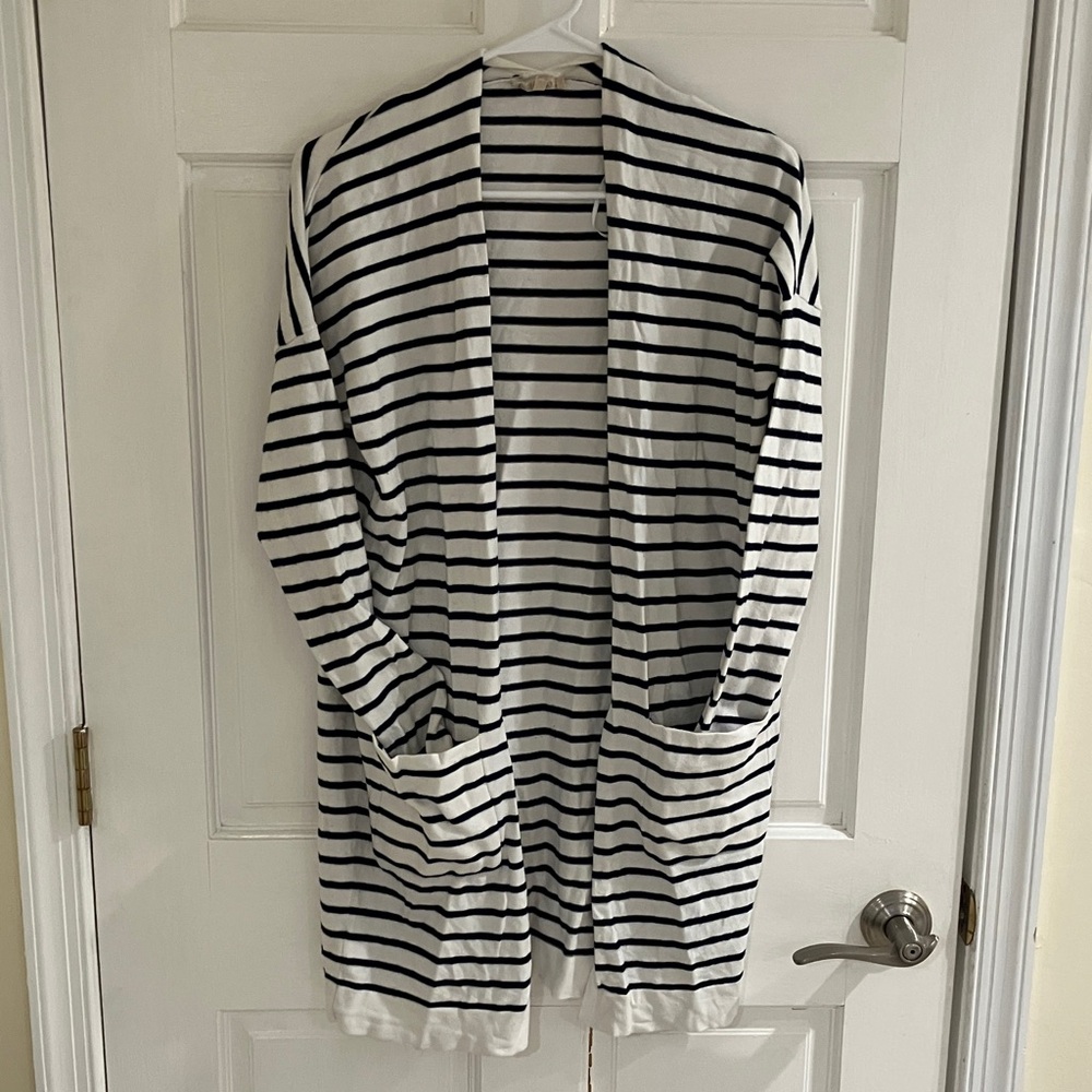 Striped Open Front Cardigan - White & Navy